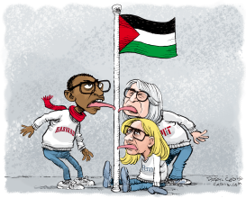 COLLEGE PRESIDENTS TONGUES STUCK TO FLAGPOLE by Daryl Cagle